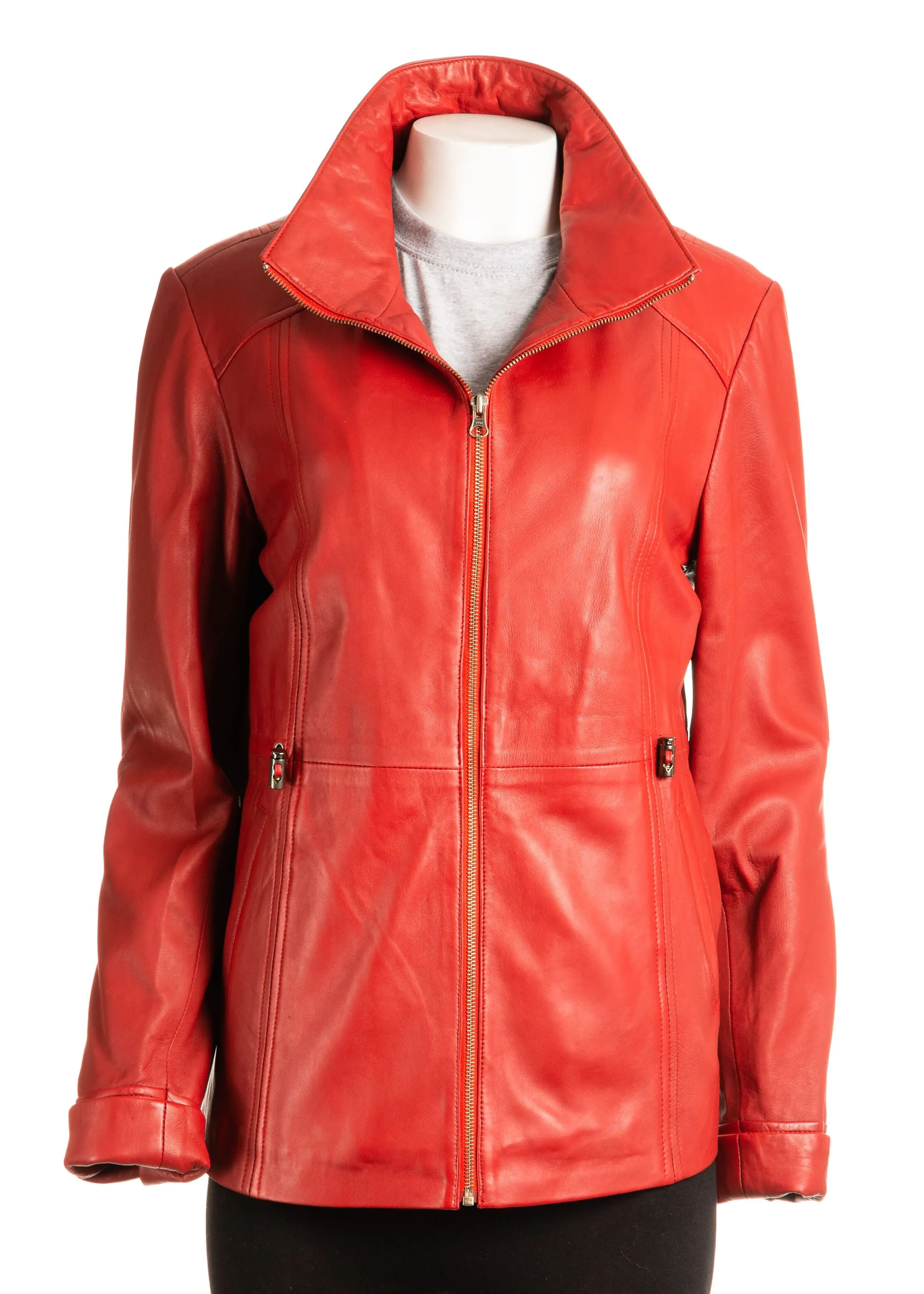 Ladies Plus Size Red Hip Length Toggle Waist Leather Jacket: Berta