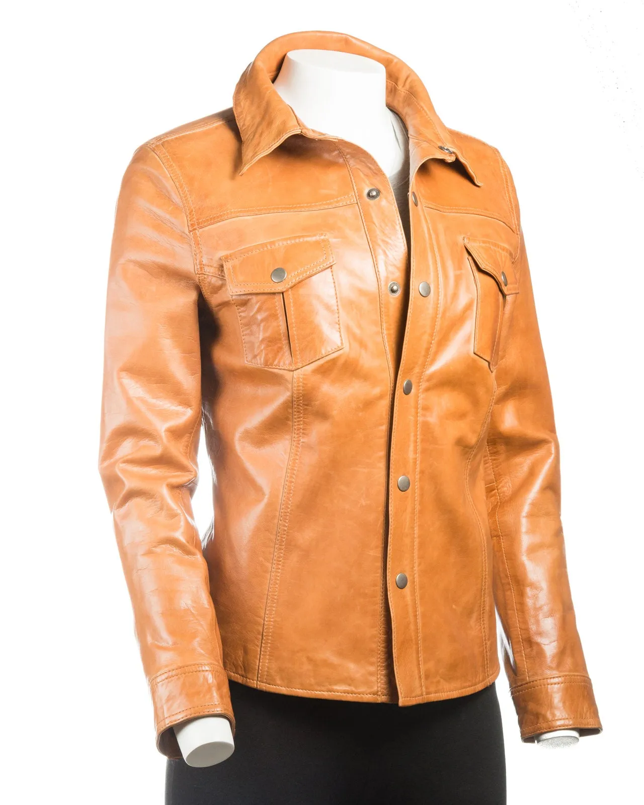 Ladies Shirt Style Leather Jacket with Press Stud Fasteners: Claudia