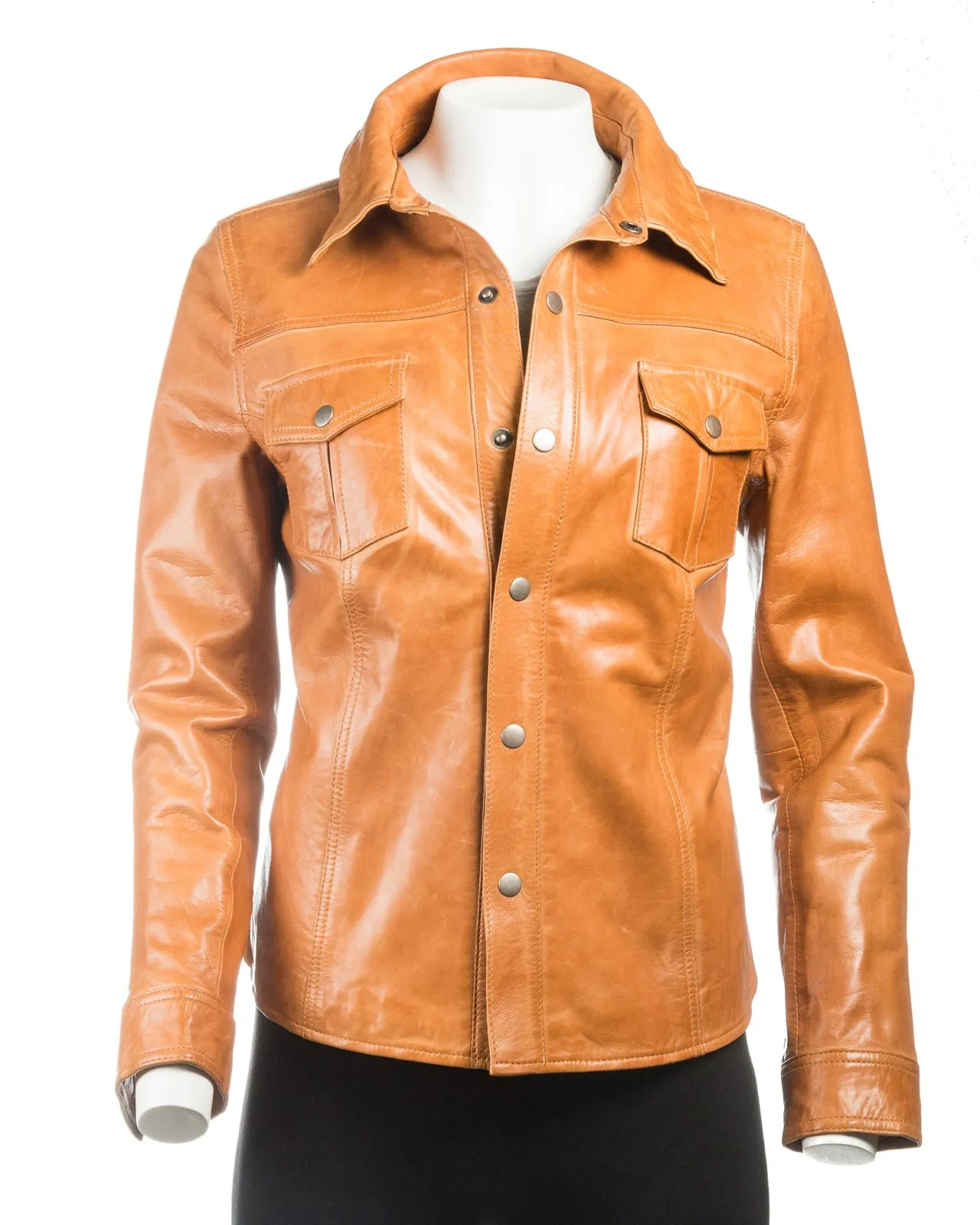 Ladies Shirt Style Leather Jacket with Press Stud Fasteners: Claudia