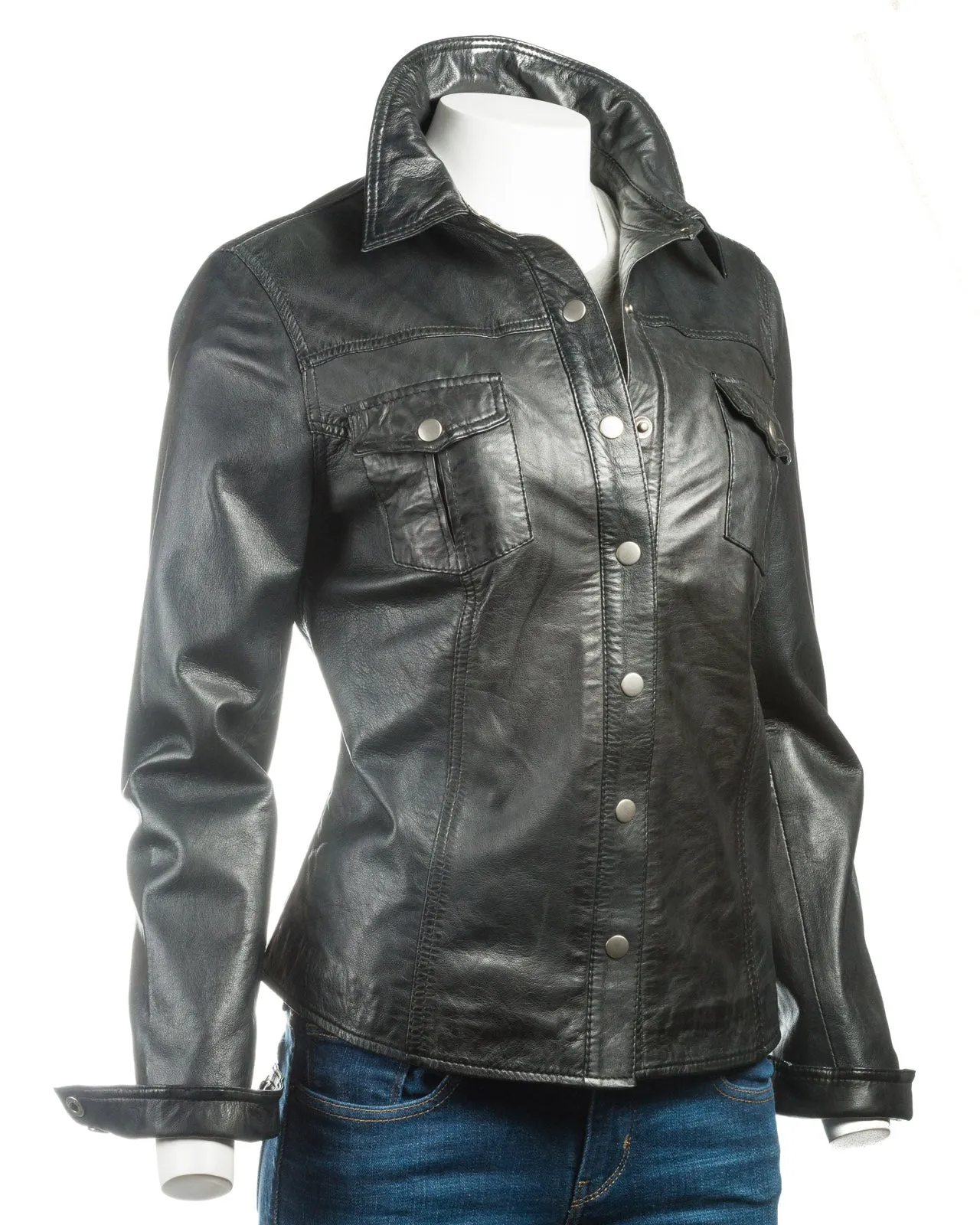 Ladies Shirt Style Leather Jacket with Press Stud Fasteners: Claudia