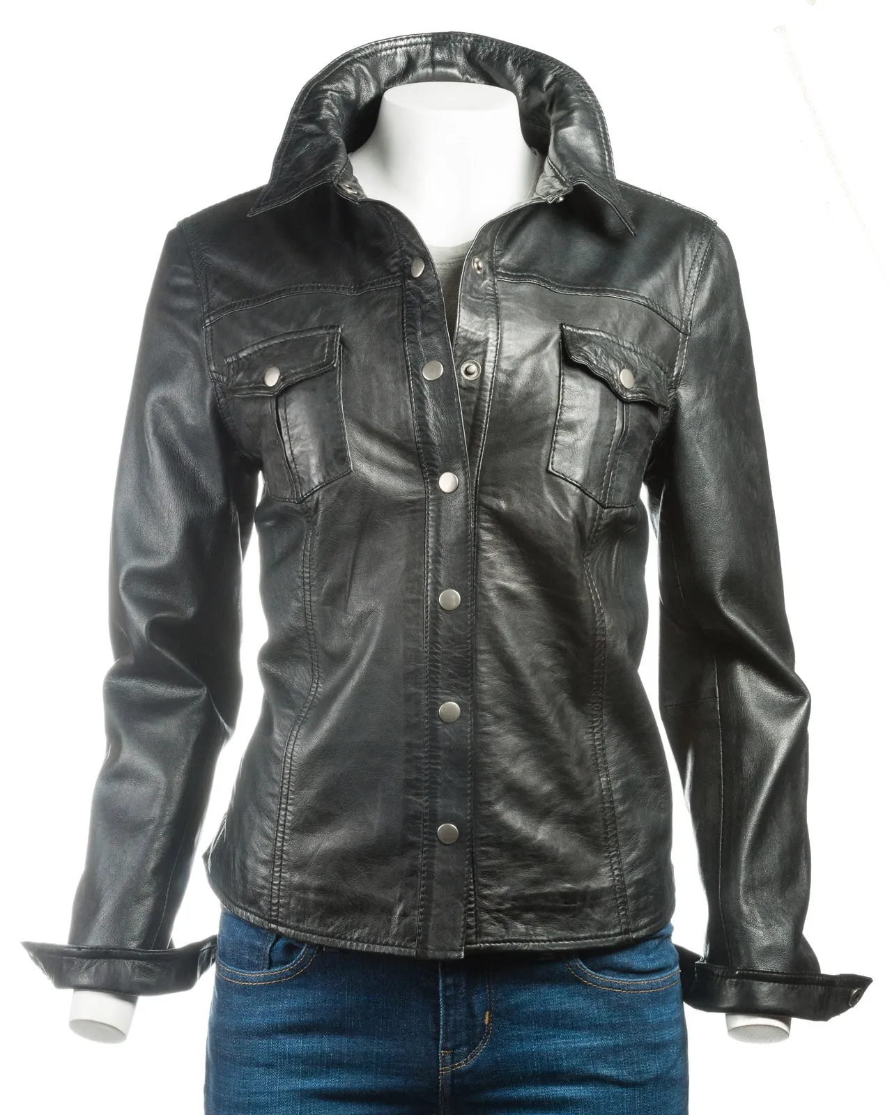 Ladies Shirt Style Leather Jacket with Press Stud Fasteners: Claudia