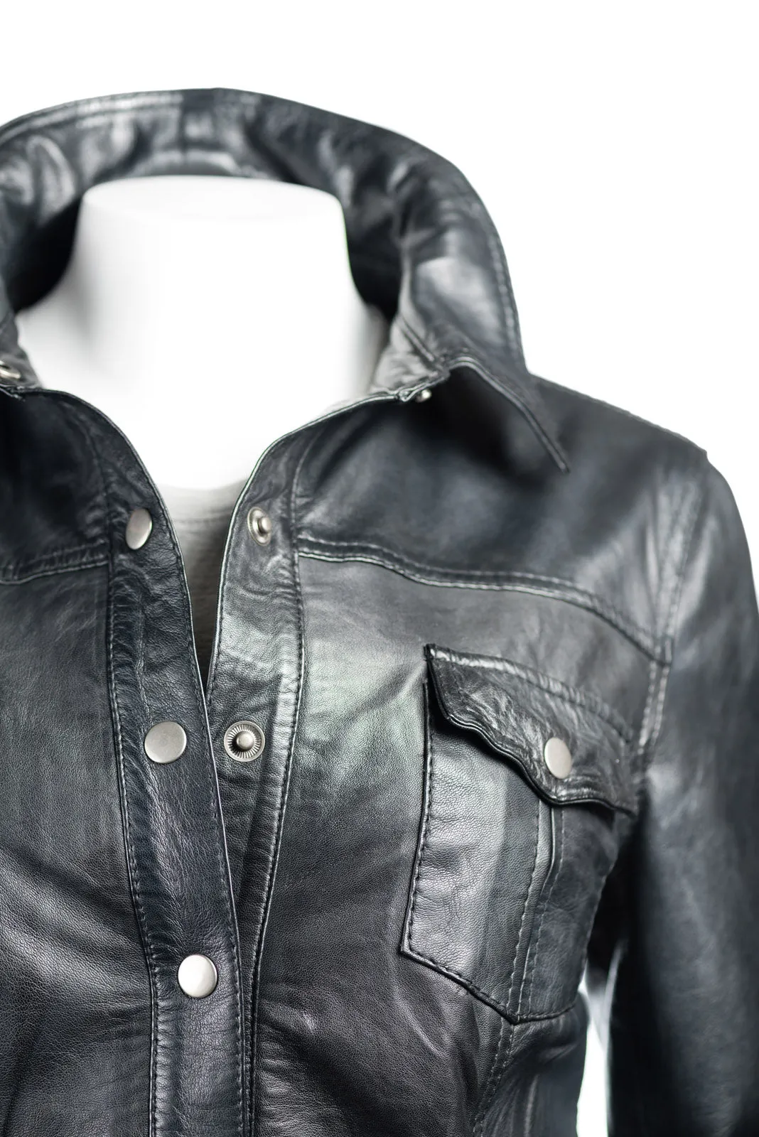 Ladies Shirt Style Leather Jacket with Press Stud Fasteners: Claudia