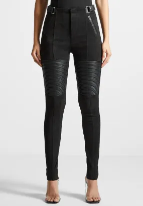 Leather and Suede Ribbed Leggings - Black