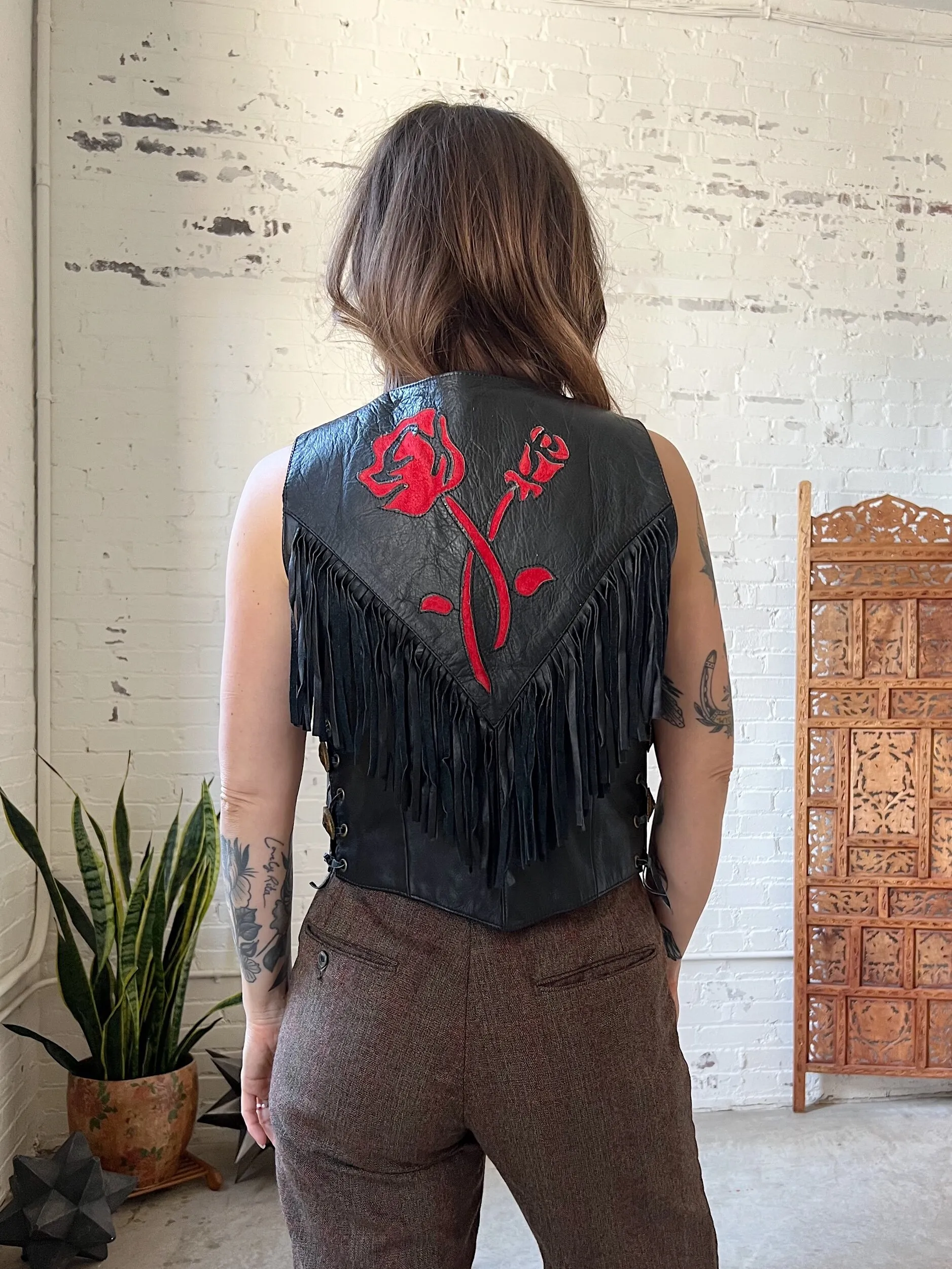 Leather fringe biker vest w/suede rose inlay, small-