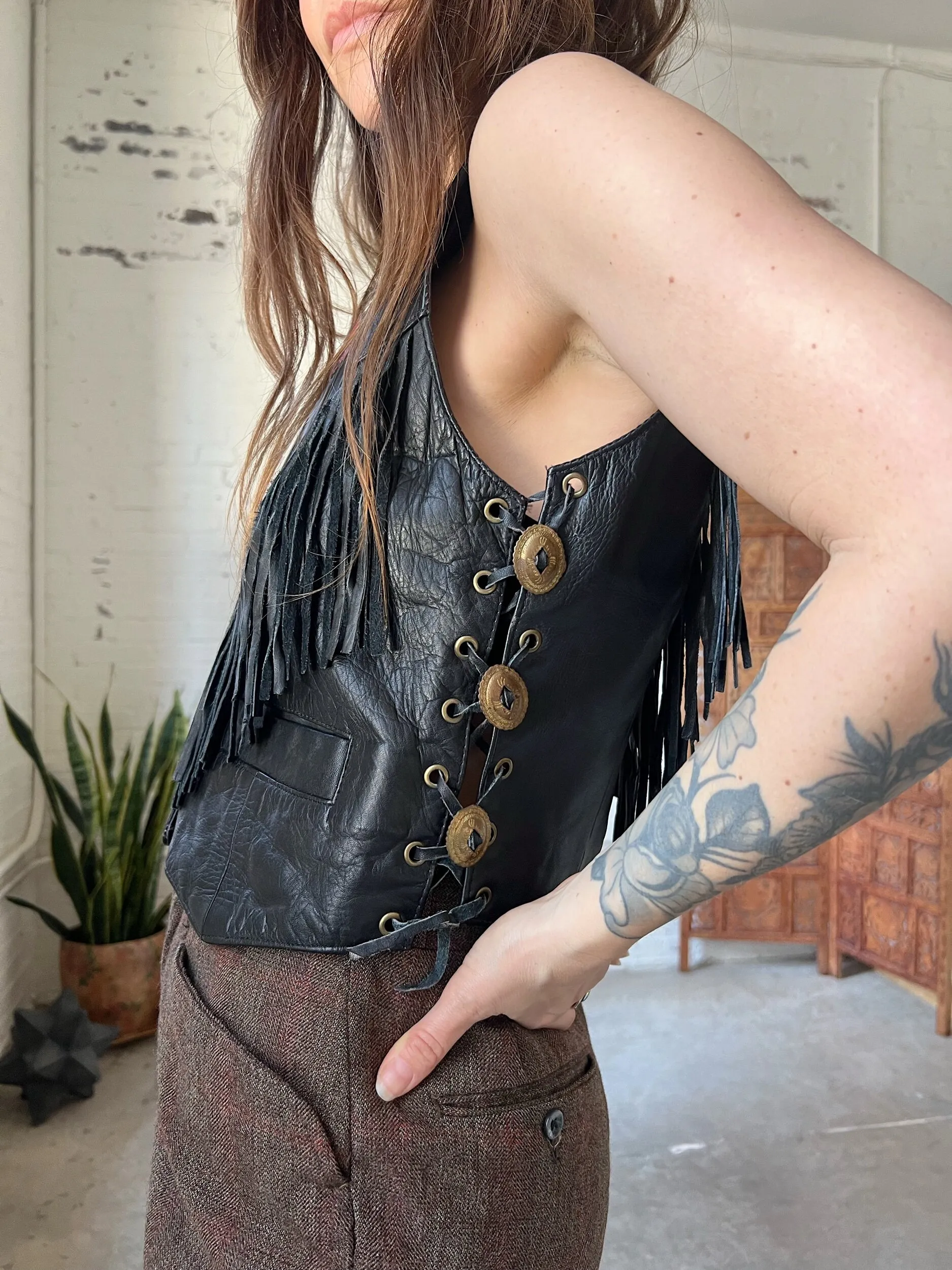 Leather fringe biker vest w/suede rose inlay, small-