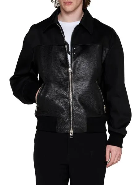 LEATHER RAFFIA CONTRASTED BOMBER JACKET.