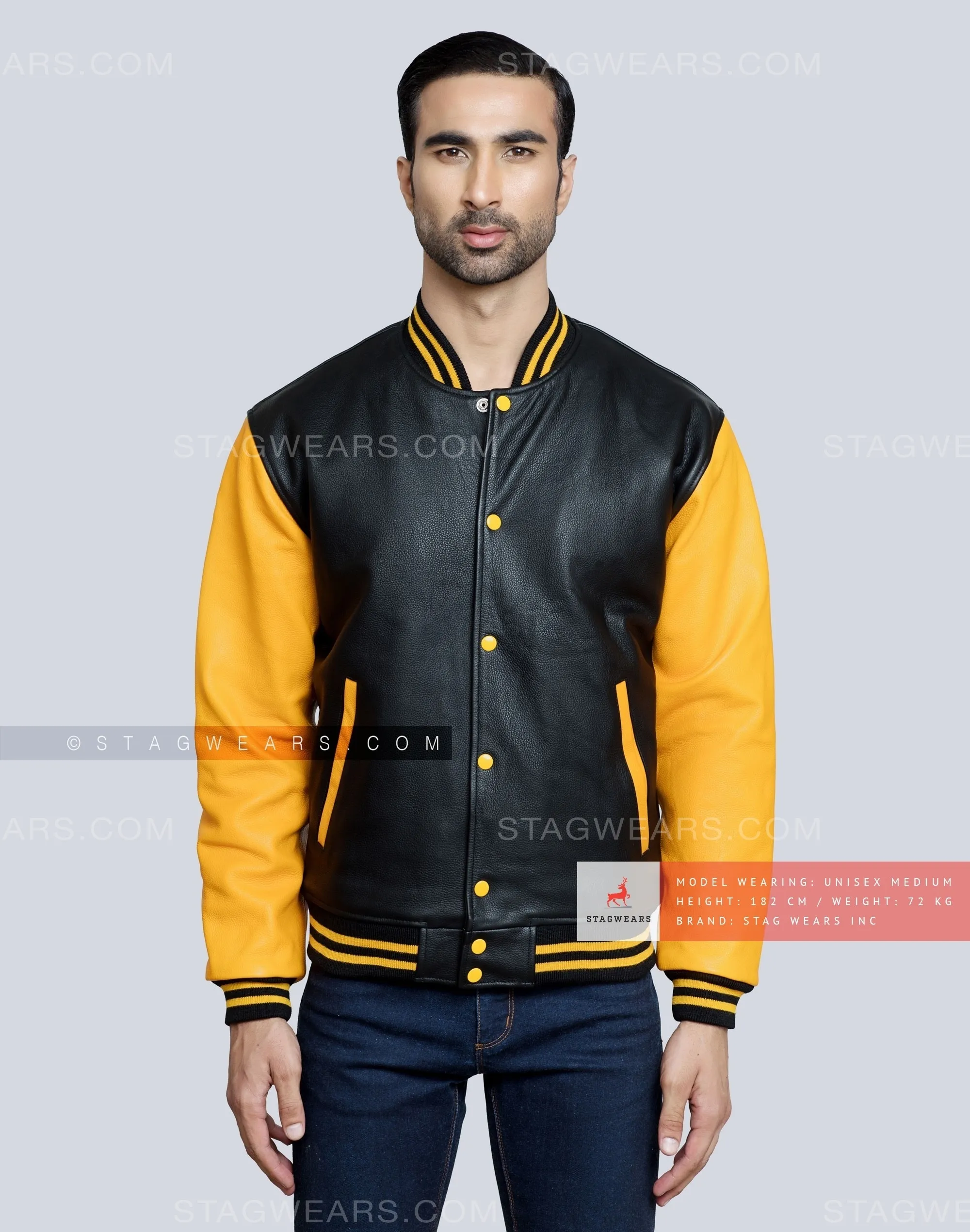 Leather Varsity Jacket with Black Body and Gold Sleeves