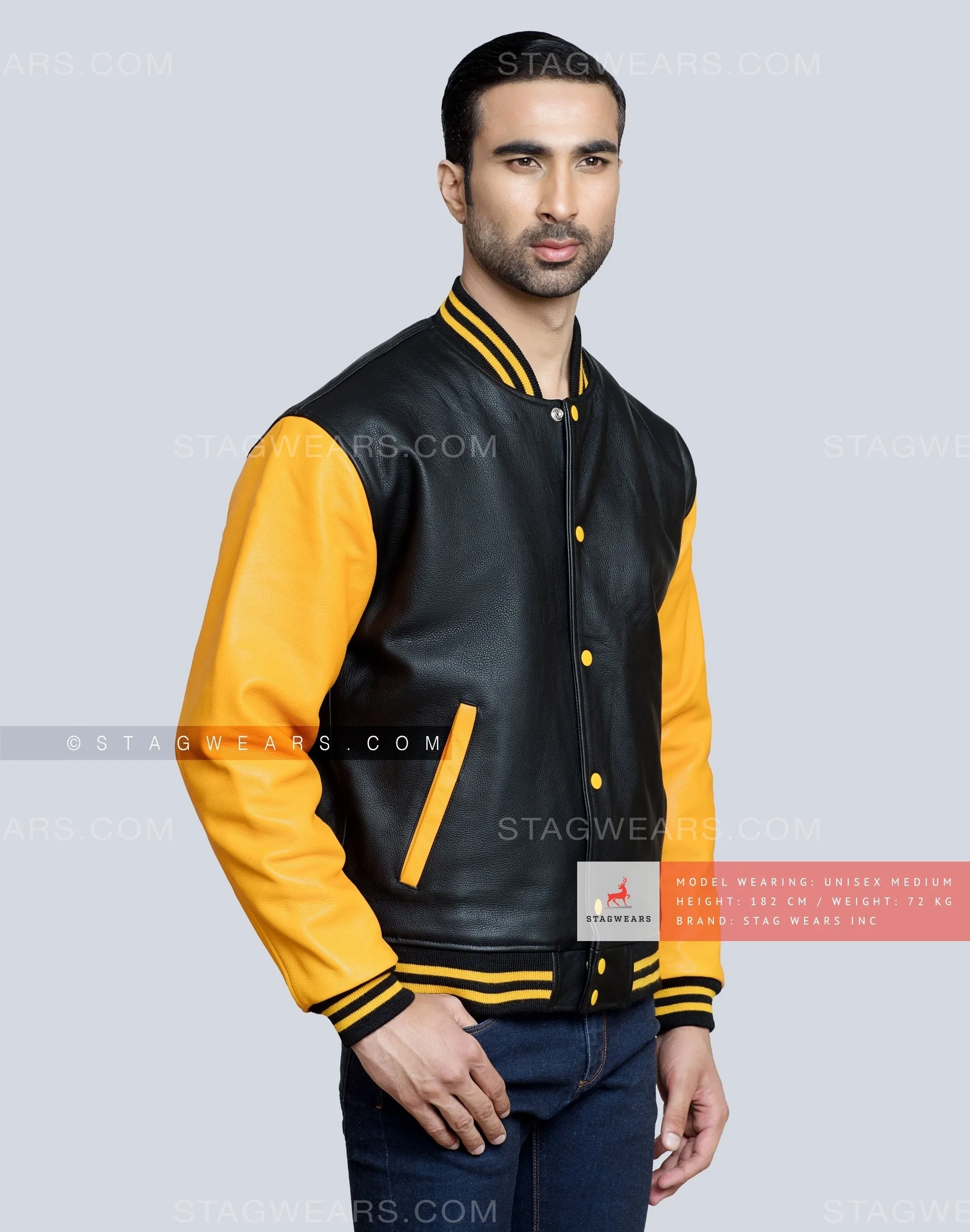 Leather Varsity Jacket with Black Body and Gold Sleeves