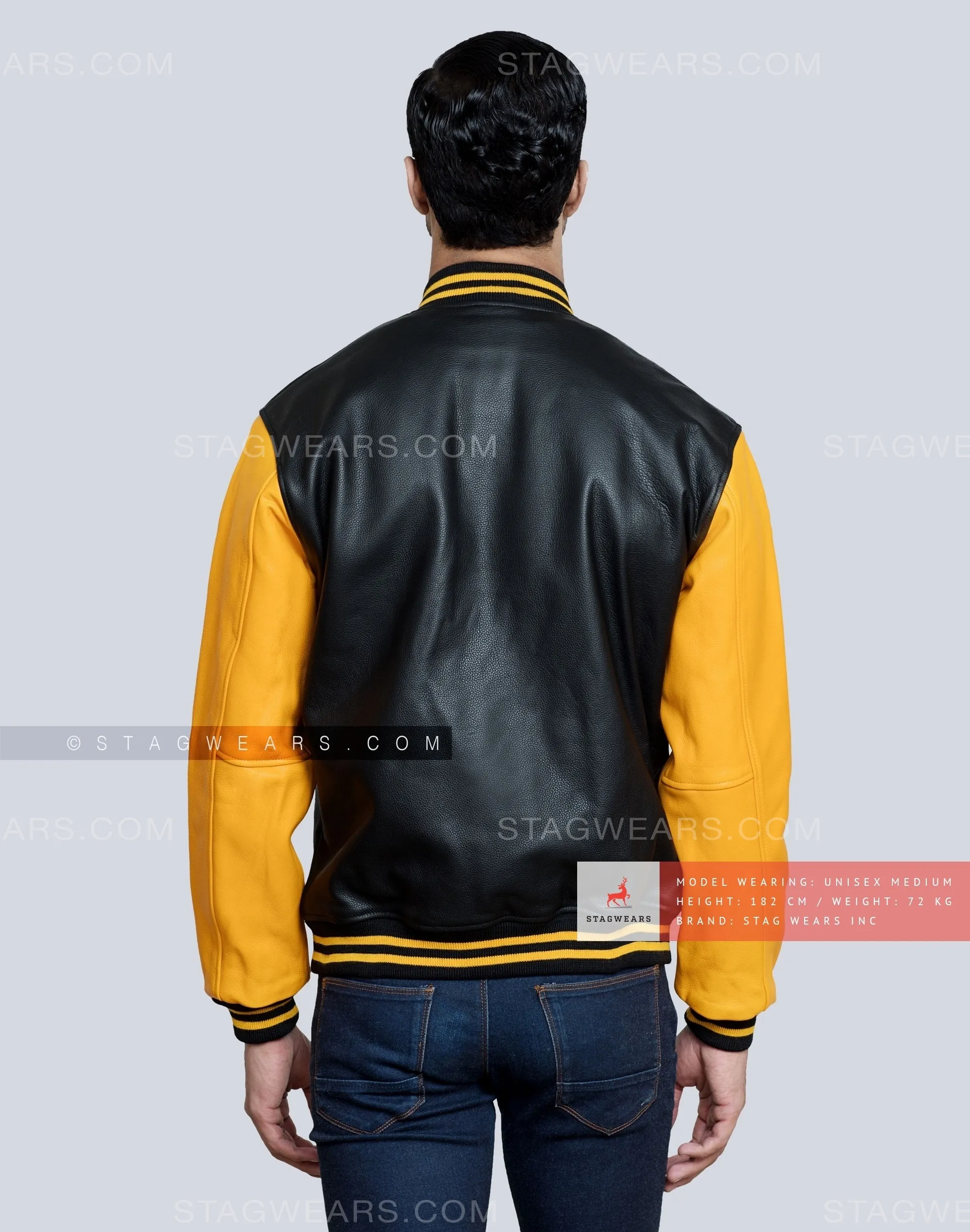 Leather Varsity Jacket with Black Body and Gold Sleeves