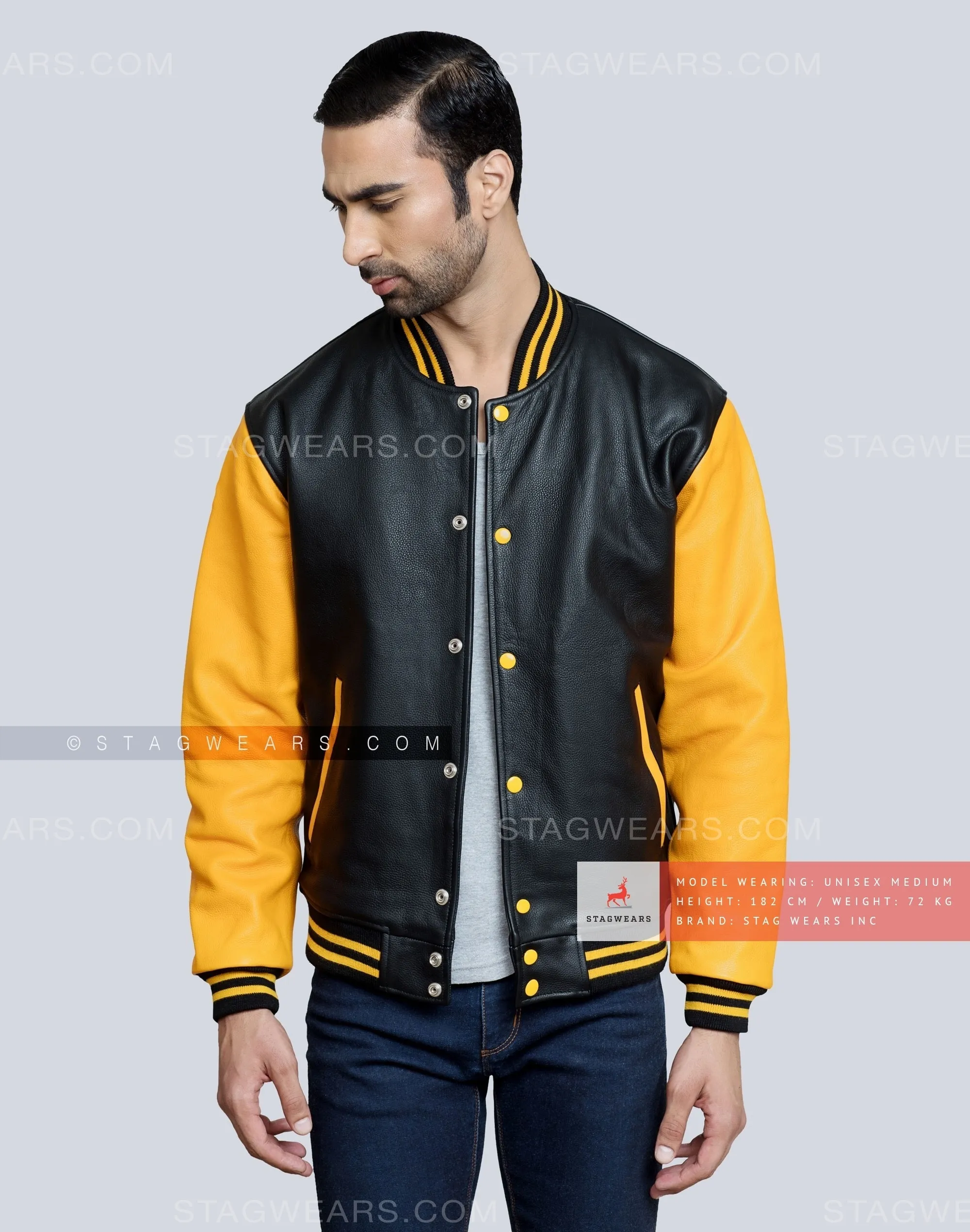 Leather Varsity Jacket with Black Body and Gold Sleeves