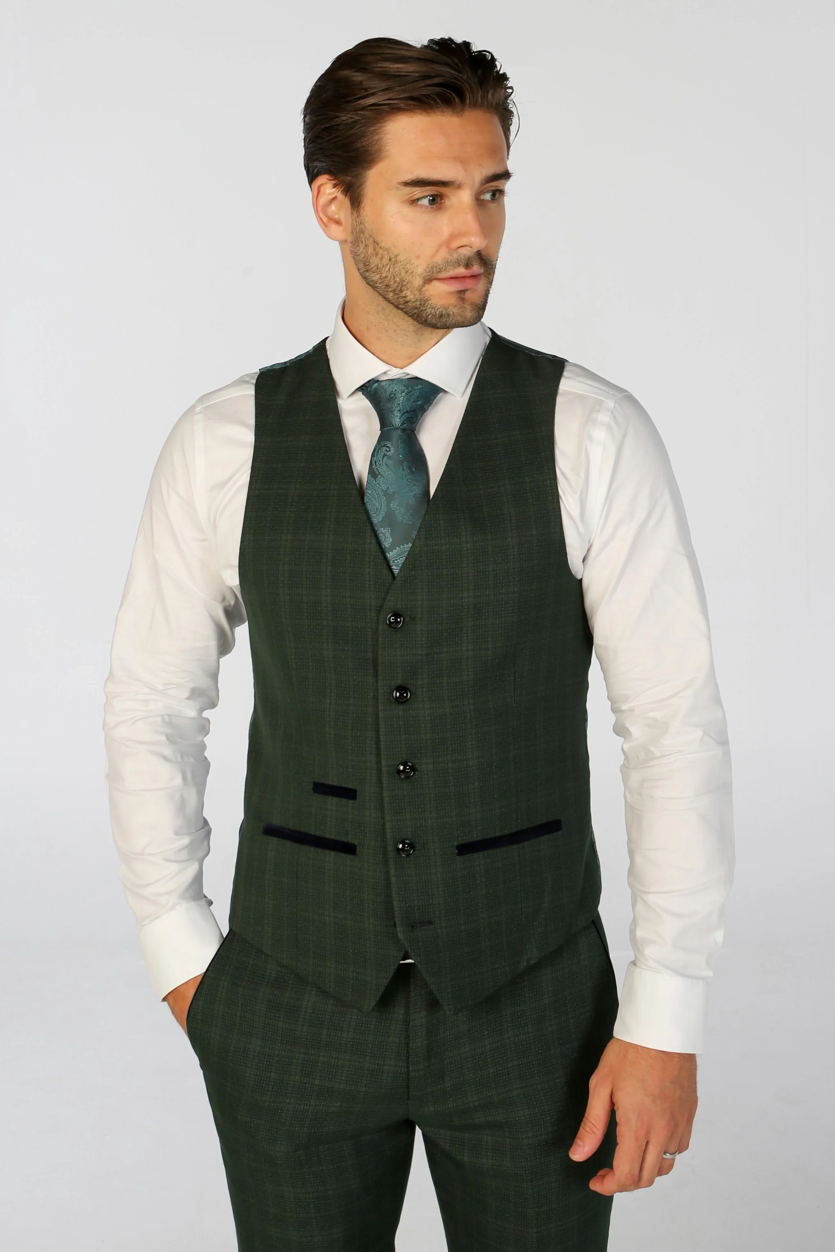 Leo - Men's Green Checked Tailored Fit Waistcoat