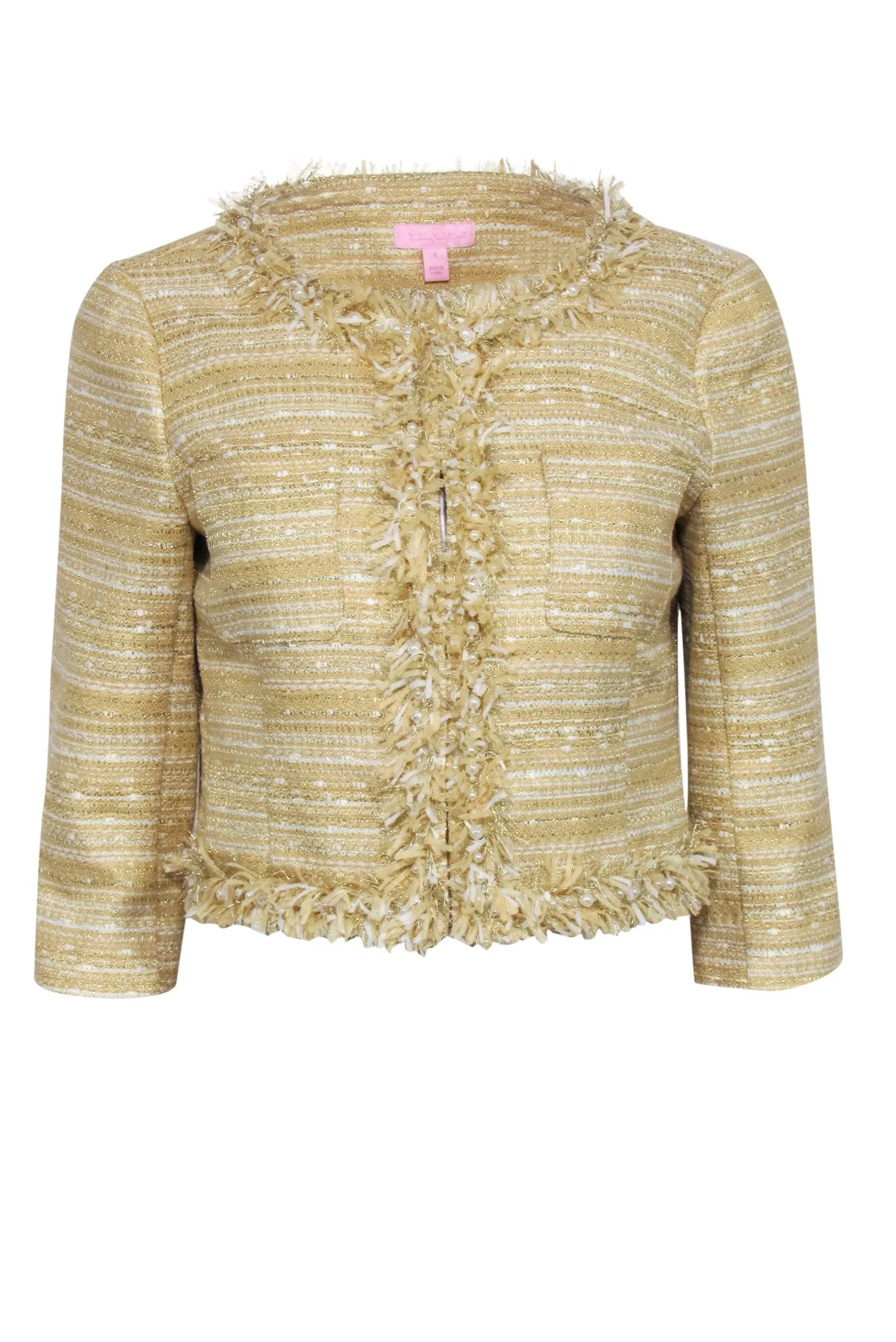 Lilly Pulitzer - Pale Yellow & Gold Cropped Tweed Jacket w/ Fringe Sz 4