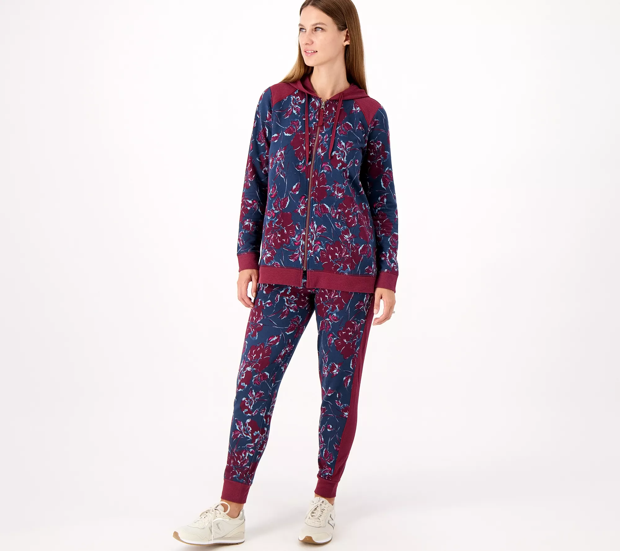 LOGO Lounge by Lori Goldstein Floral Printed Zip Front Hoodie