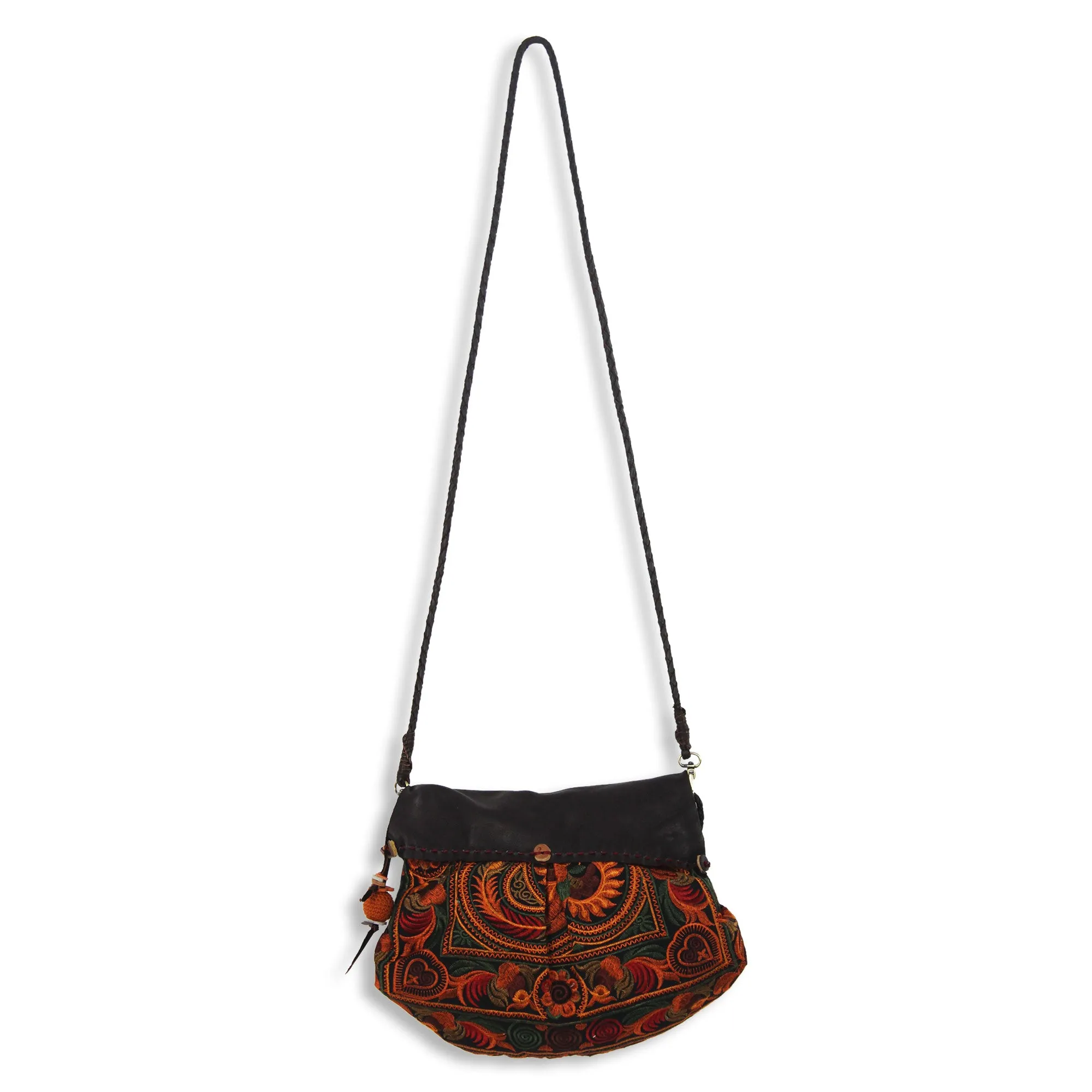 Mandarin Smile Leather Accent Embroidered Hill Tribe Shoulder Bag with Flap