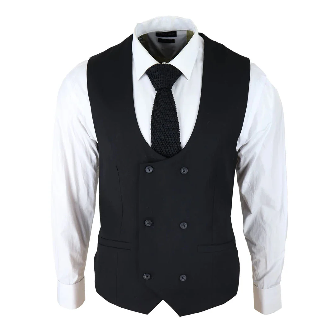 Marco - Men's Double Breasted Scoop Black Waistcoat