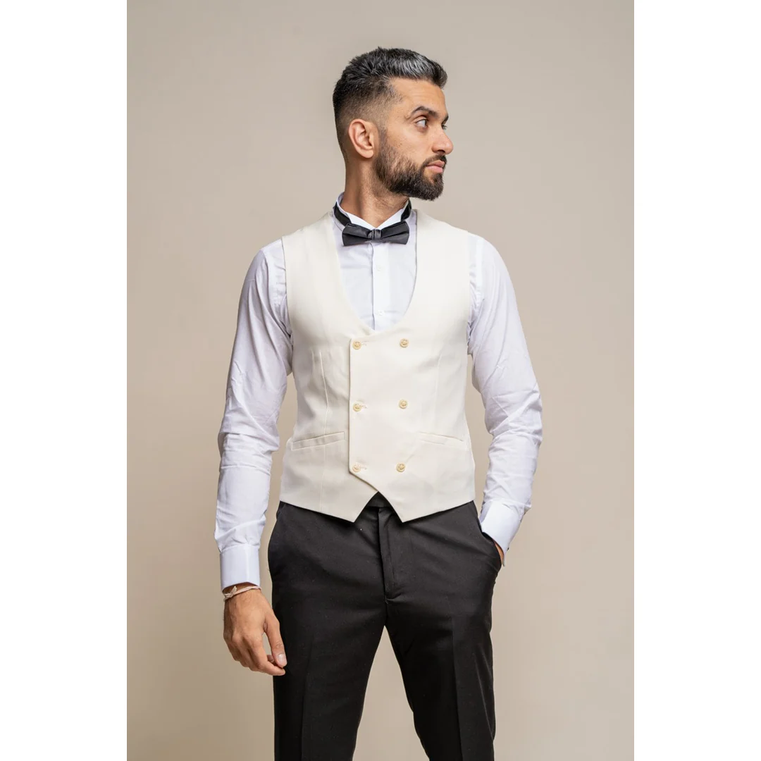 Marco - Men's Double Breasted Scoop Cream Waistcoat