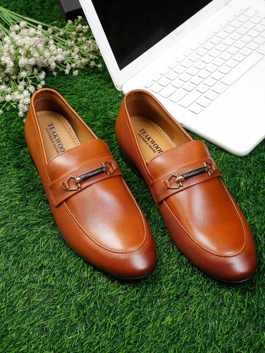 Men Tan Textured Genuine Leather Formal Slip-On Shoes