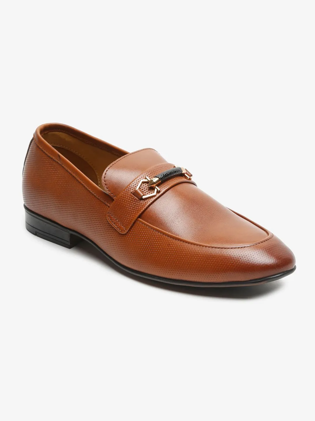 Men Tan Textured Genuine Leather Formal Slip-On Shoes