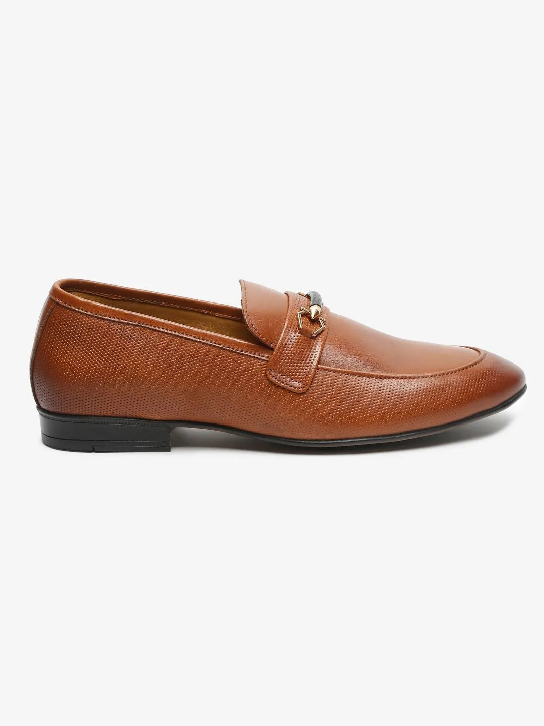 Men Tan Textured Genuine Leather Formal Slip-On Shoes