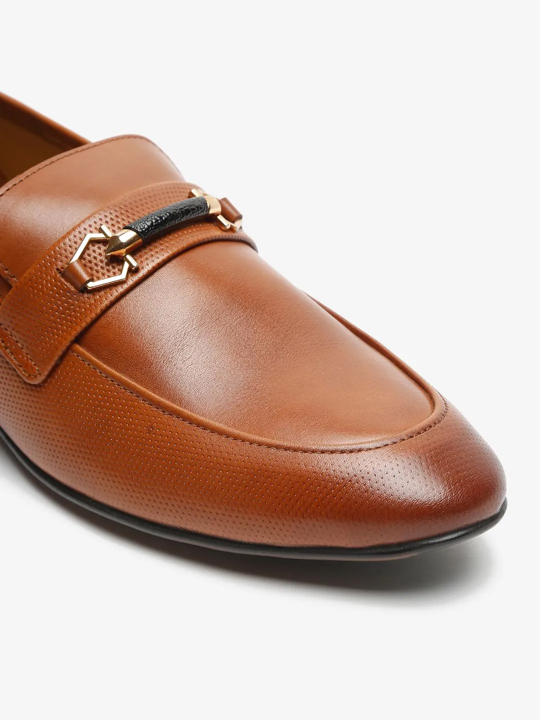 Men Tan Textured Genuine Leather Formal Slip-On Shoes