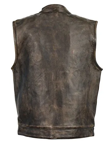 Men's BROWN DISTRESSED SOA Men's Naked Cowhide Leather Vest Snaps & Zipper Front w/ 2 Inside Gun Pockets & Sin