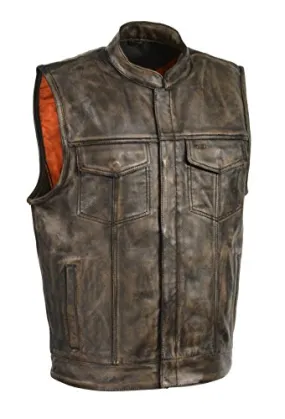 Men's BROWN DISTRESSED SOA Men's Naked Cowhide Leather Vest Snaps & Zipper Front w/ 2 Inside Gun Pockets & Sin