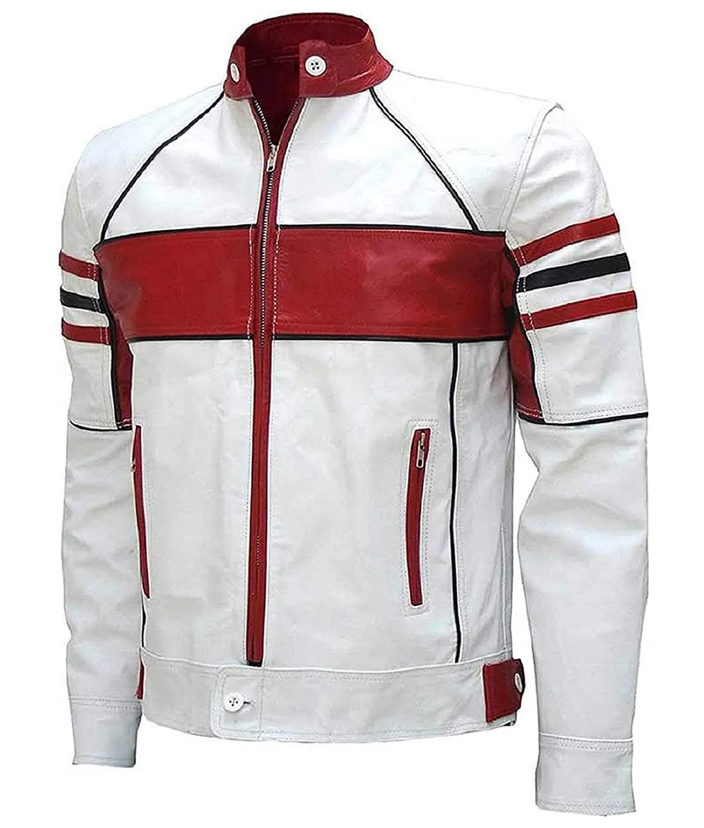 Men's Red & White Leather Cafe Racer Jacket | TLC