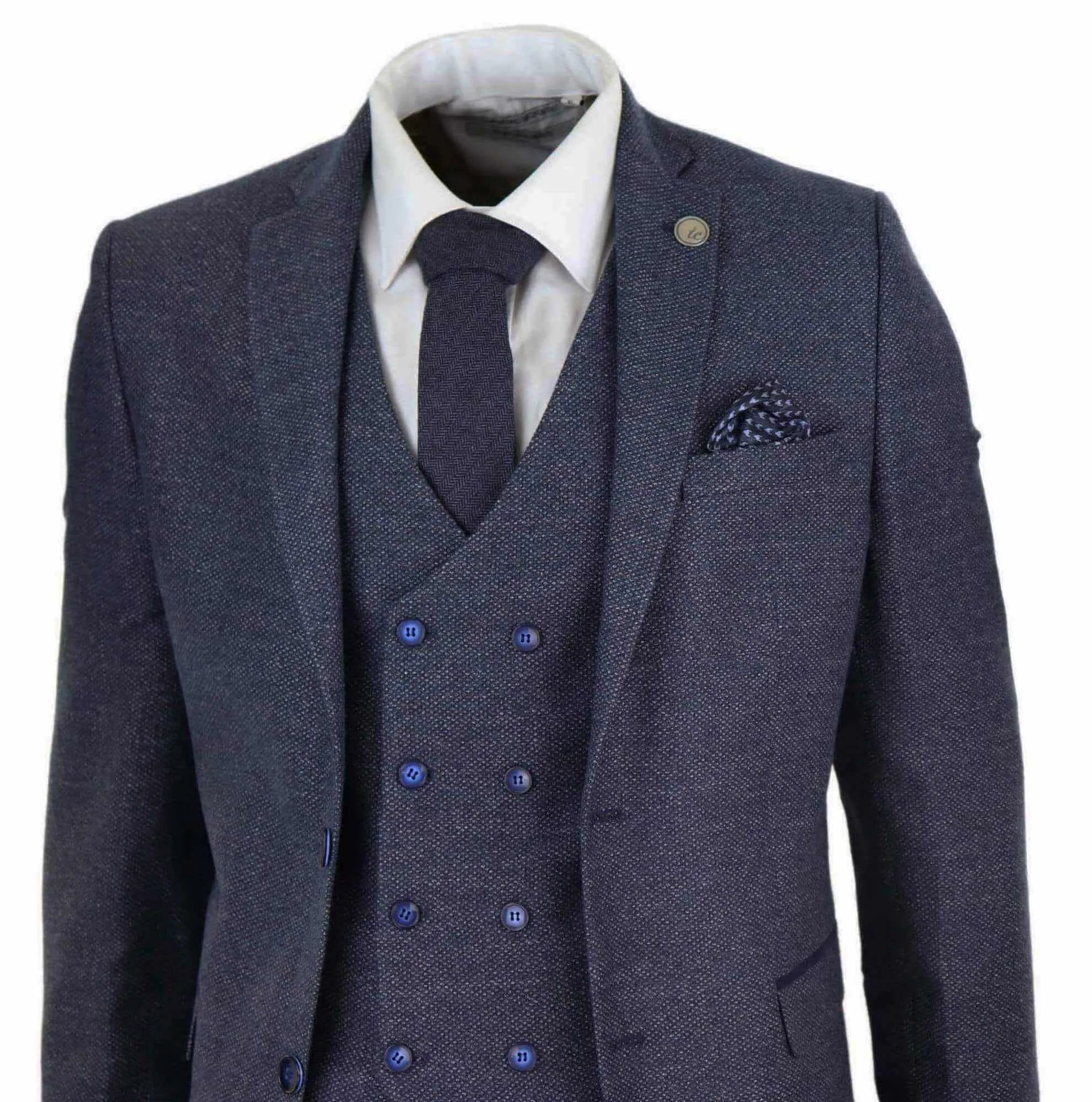 Mens 3 Piece Navy Suit with Double Breasted Waistcoat