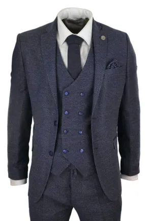 Mens 3 Piece Navy Suit with Double Breasted Waistcoat