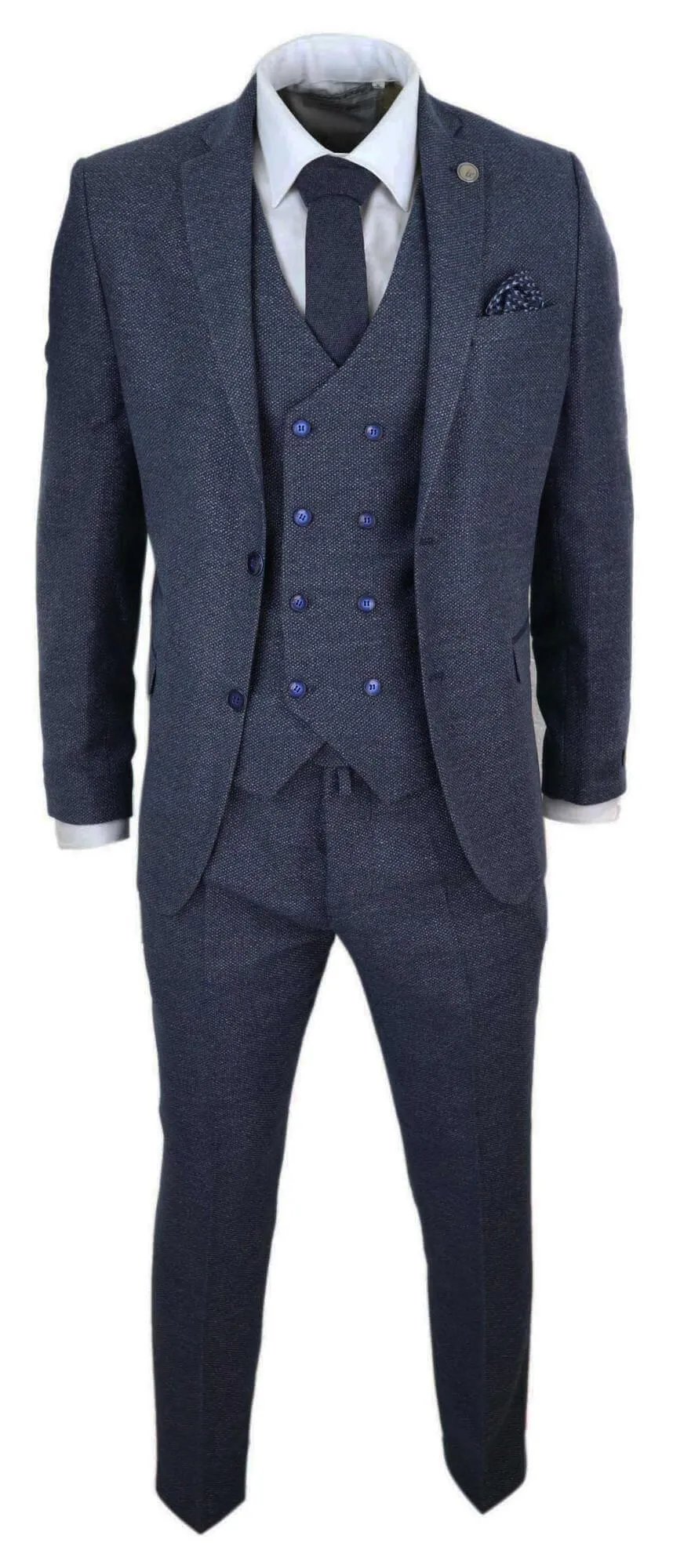 Mens 3 Piece Navy Suit with Double Breasted Waistcoat