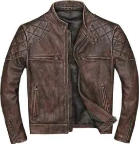 Men's Biker Cafe Racer Vintage Motorcycle Distressed Brown Leather Jacket