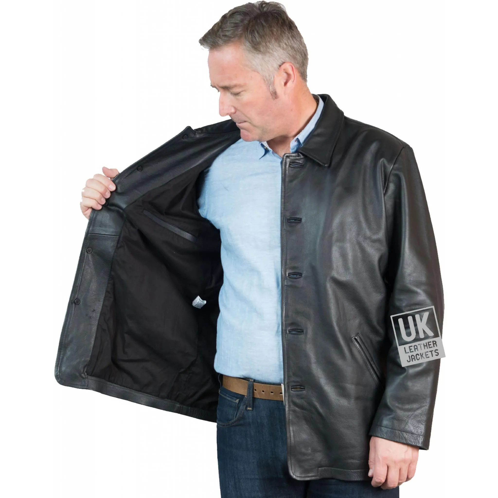 Mens Black Cow Hide Leather Jacket - Hip Length- Kirkwood | Free UK Delivery