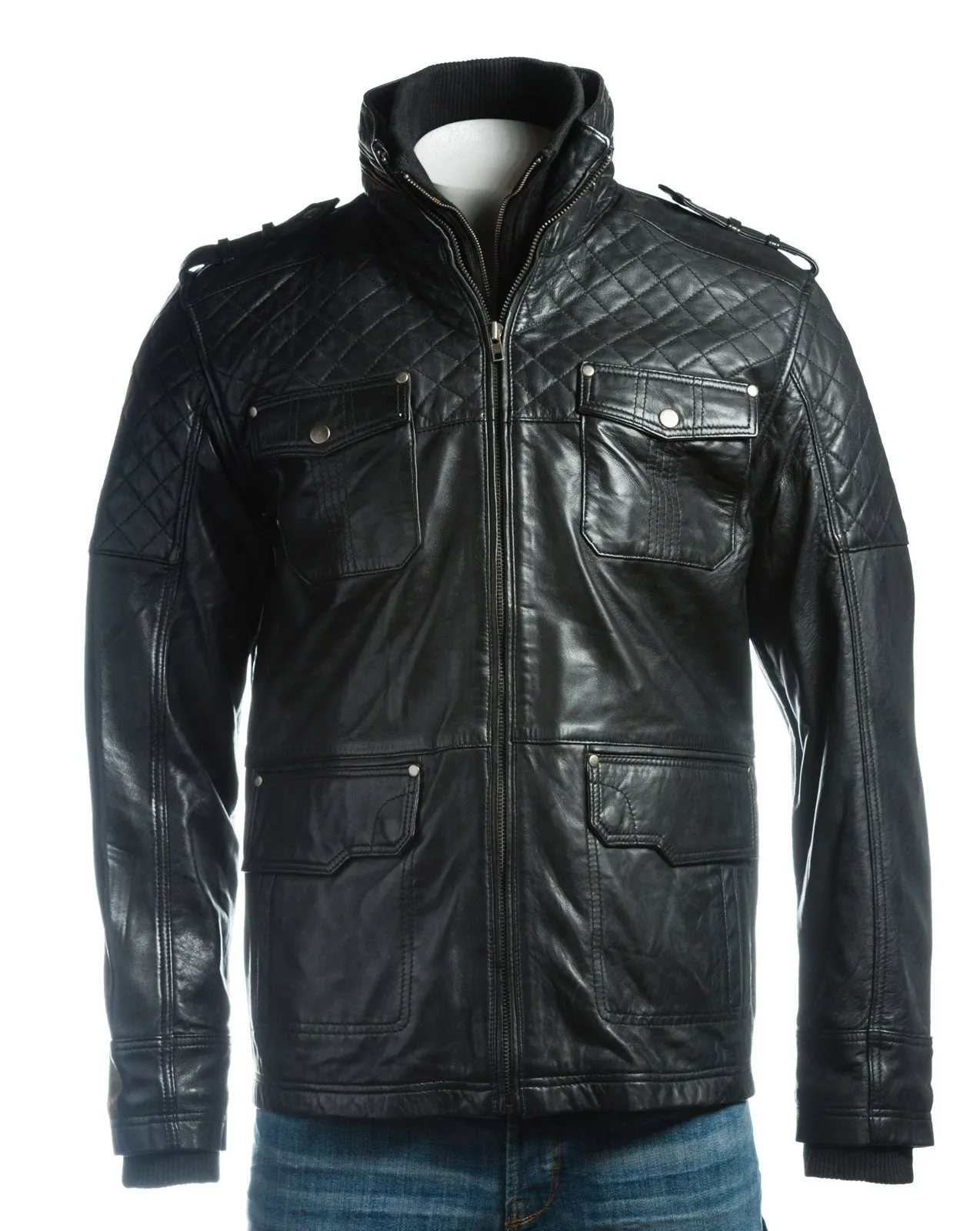 Men's Black Mid Length Leather Jacket With Double Collar Shoulder Stitch Detail: Orlando