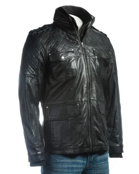 Men's Black Mid Length Leather Jacket With Double Collar Shoulder Stitch Detail: Orlando