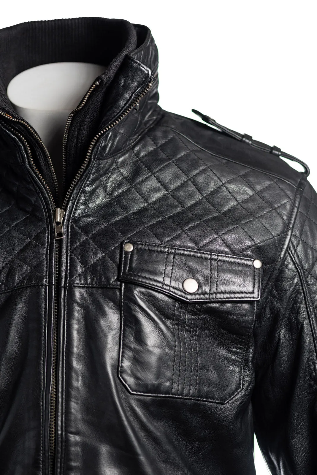 Men's Black Mid Length Leather Jacket With Double Collar Shoulder Stitch Detail: Orlando