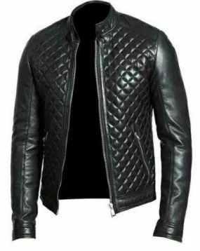 Men's Black Real Leather Racer Neck Quilted Biker Jacket