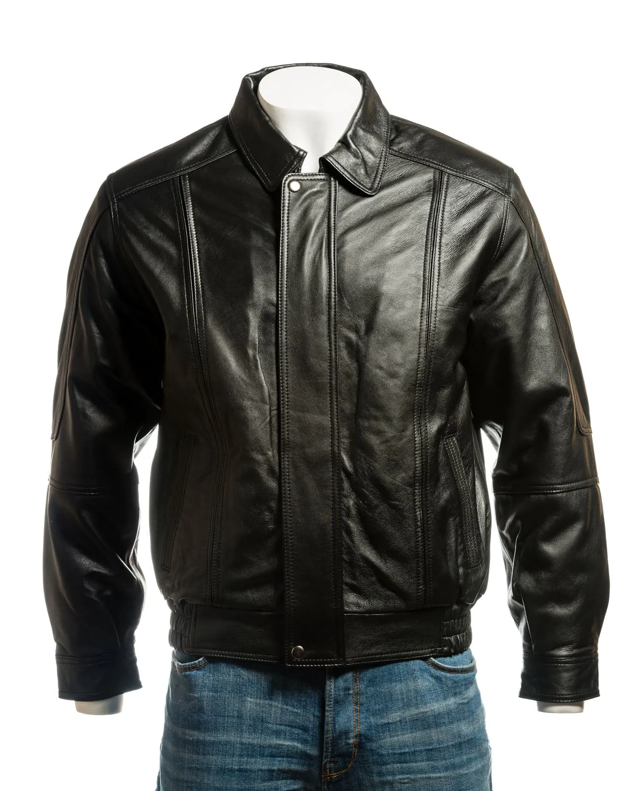 Men's Black Simple Blouson Style Leather Jacket with Elasticated Waist: Giuliano