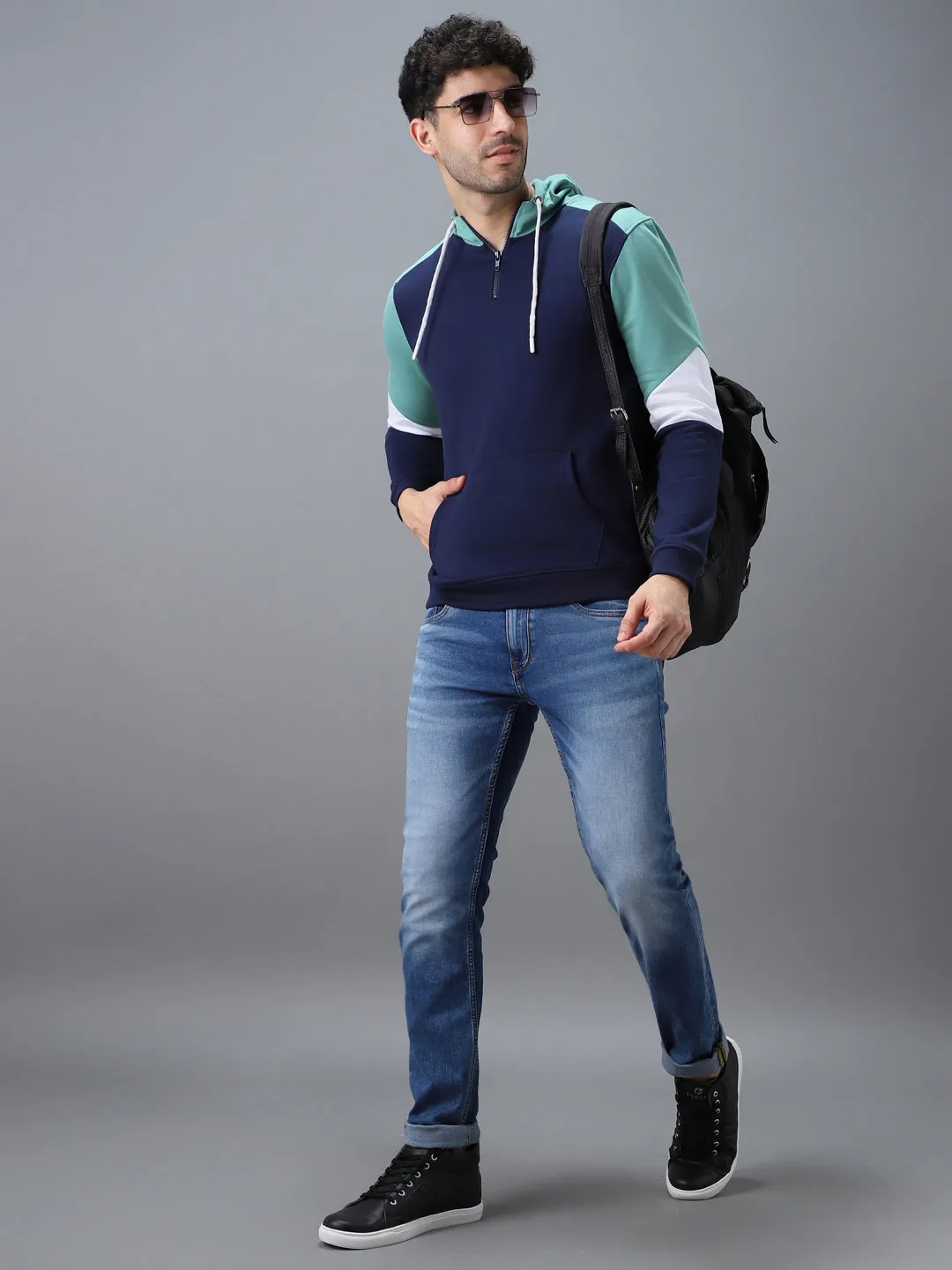 Men's Blue, Green Cotton Color Block Hooded Neck Sweatshirt