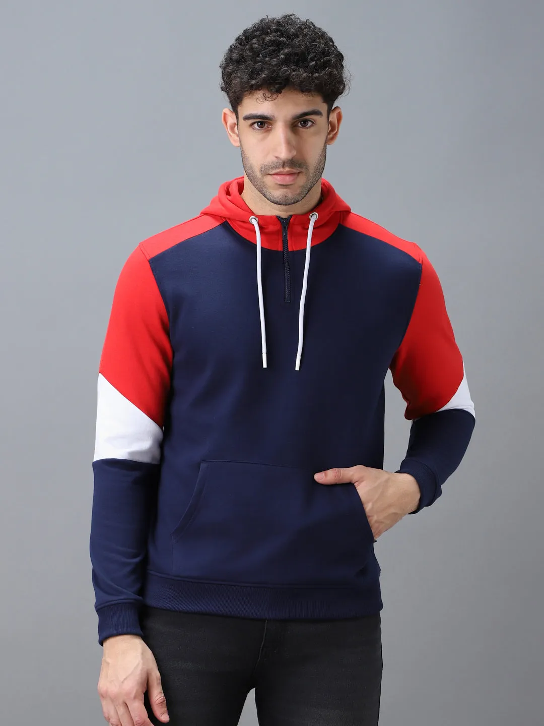 Men's Blue, Red Cotton Color Block Hooded Neck Sweatshirt