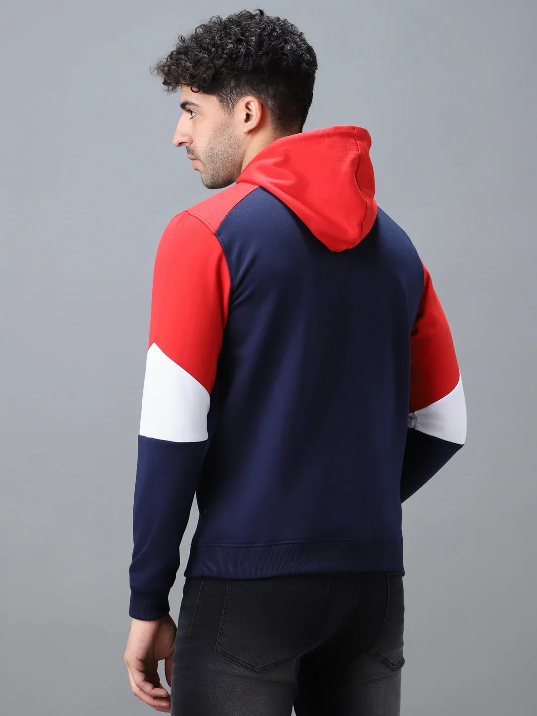 Men's Blue, Red Cotton Color Block Hooded Neck Sweatshirt