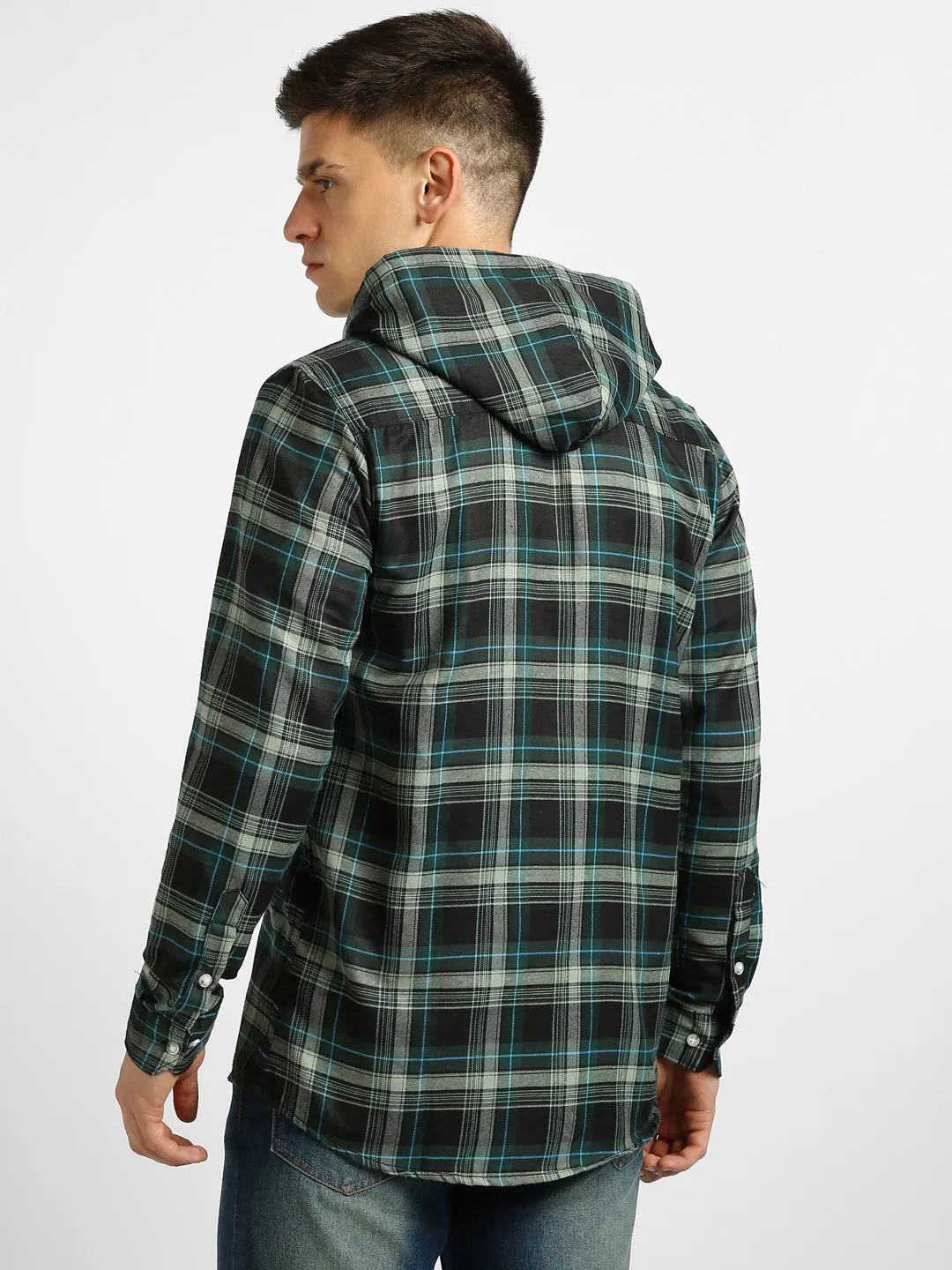 Men's Green Cotton Full Sleeve Slim Fit Casual Checkered Shirt with Hooded Collar