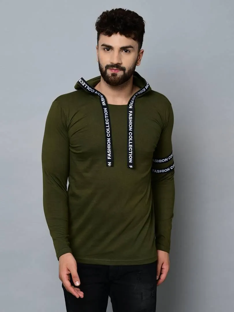 Men's Green Cotton Self Pattern Hooded Tees