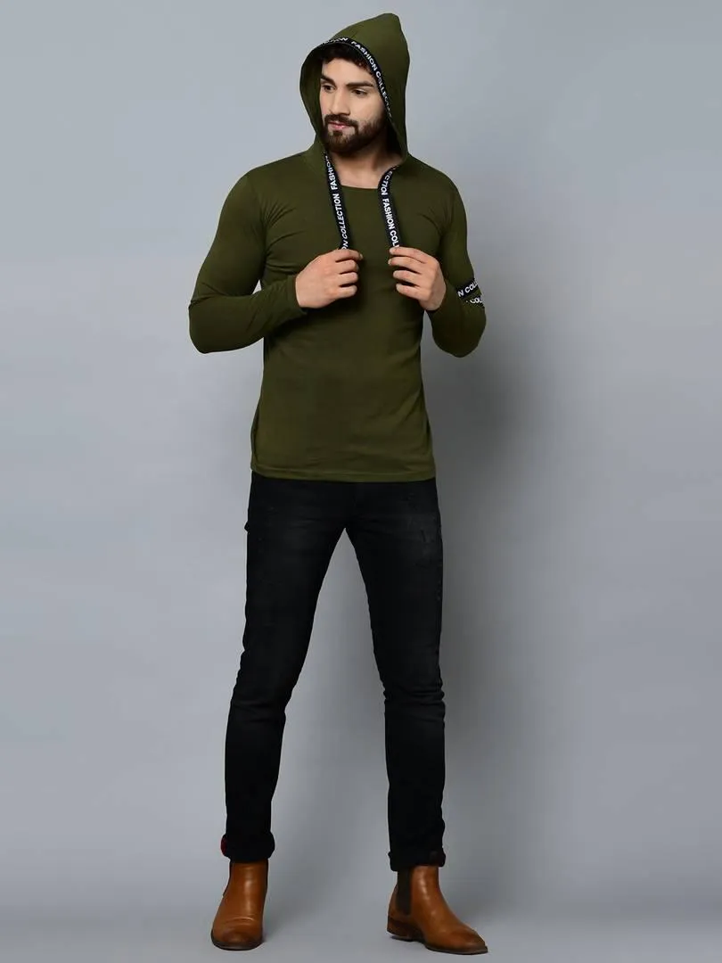 Men's Green Cotton Self Pattern Hooded Tees