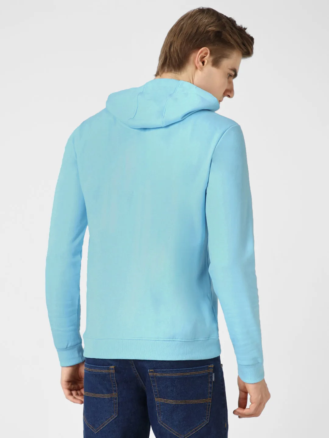 Men's Light Blue Cotton Solid Hooded Neck Sweatshirt