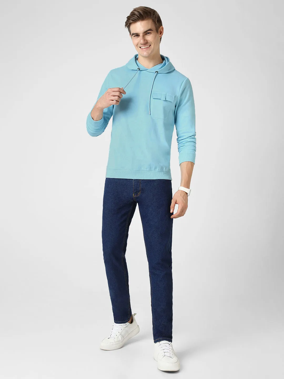 Men's Light Blue Cotton Solid Hooded Neck Sweatshirt