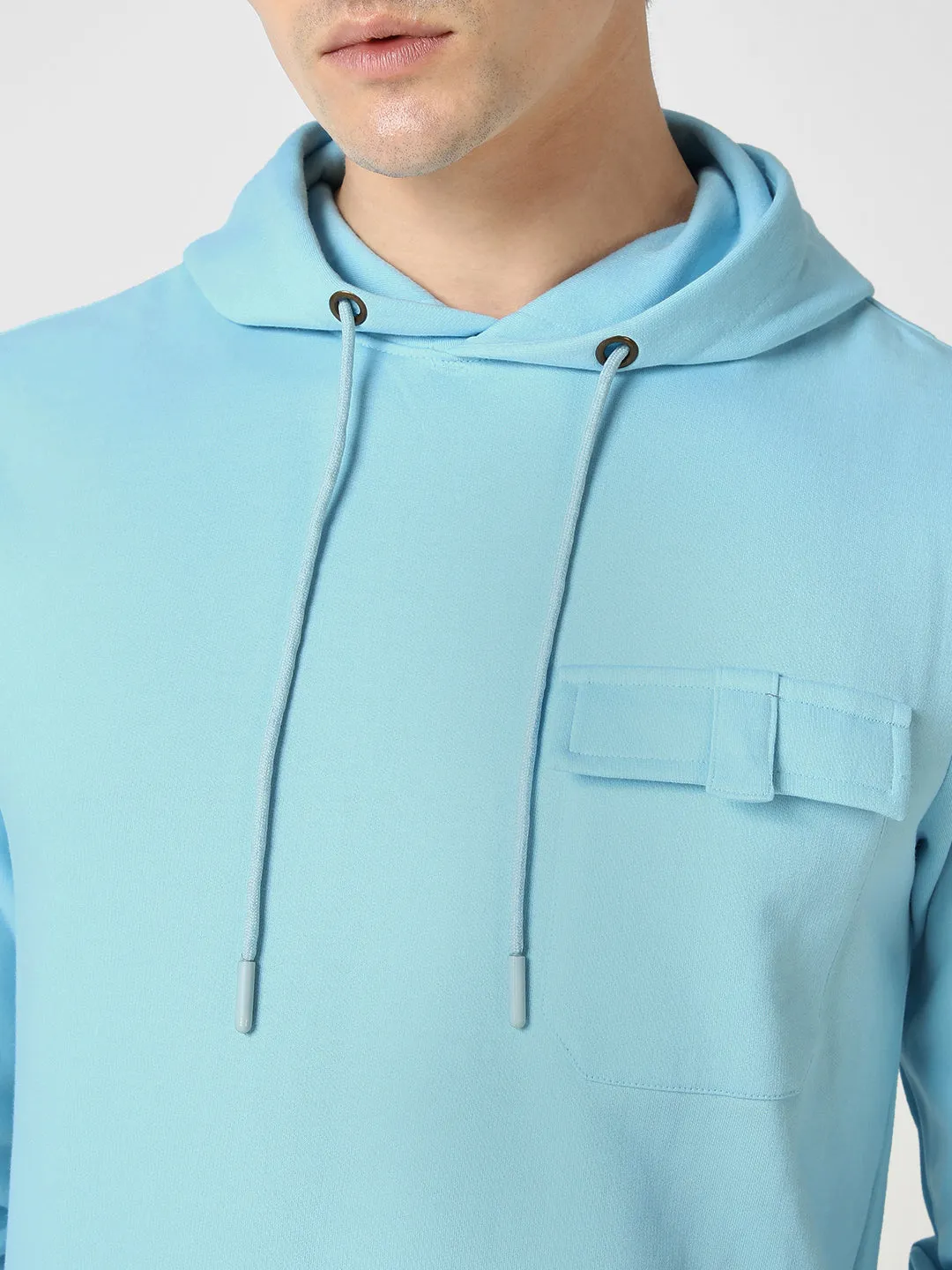 Men's Light Blue Cotton Solid Hooded Neck Sweatshirt