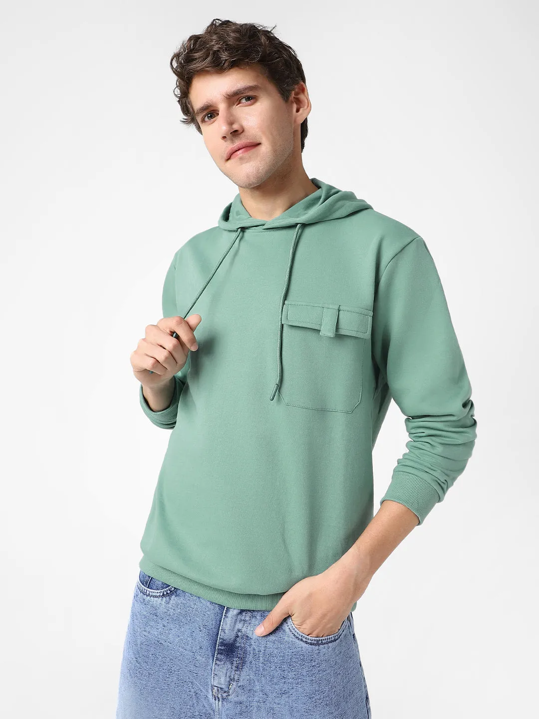 Men's Light Green Cotton Solid Hooded Neck Sweatshirt