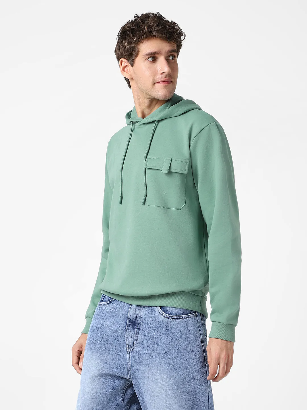 Men's Light Green Cotton Solid Hooded Neck Sweatshirt