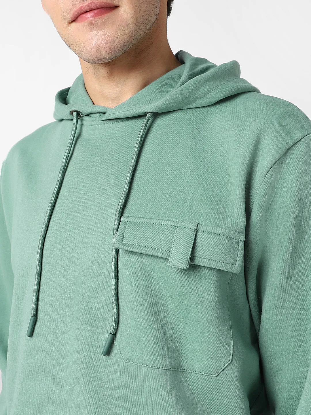 Men's Light Green Cotton Solid Hooded Neck Sweatshirt