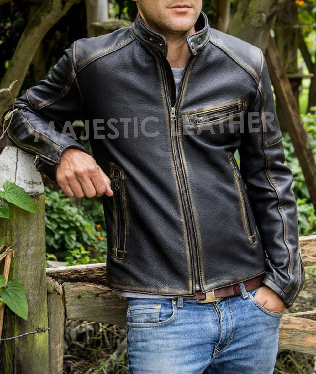 Men’s Motorcycle Biker Vintage Cafe Racer Distressed Black Real Leather Jacket